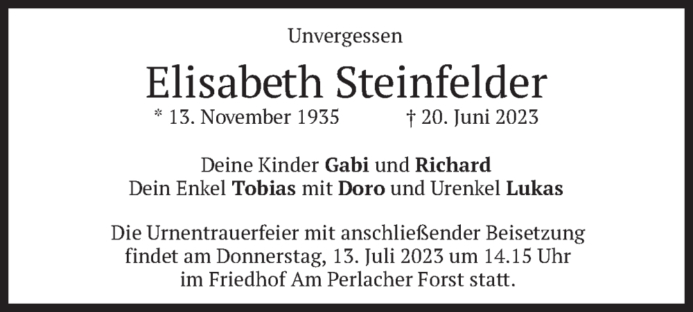  Traueranzeige für Elisabeth Steinfelder vom 08.07.2023 aus merkurtz