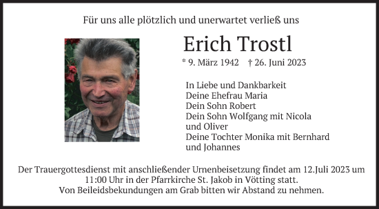 Traueranzeige von Erich Trostl von merkurtz