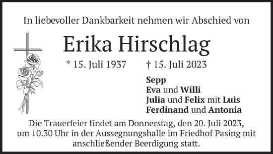 Traueranzeige von Erika Hirschlag von merkurtz