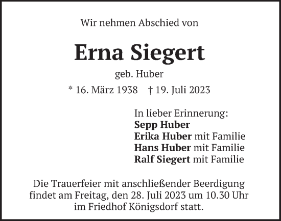 Traueranzeige von Erna Siegert von merkurtz