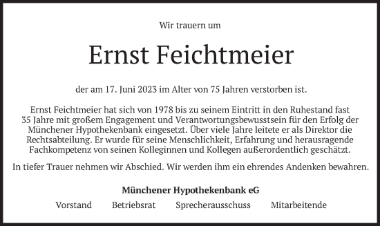 Traueranzeige von Ernst Feichtmeier von merkurtz