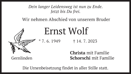 Traueranzeige von Ernst Wolf von merkurtz