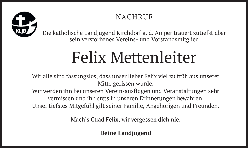  Traueranzeige für Felix Mettenleiter vom 25.07.2023 aus merkurtz