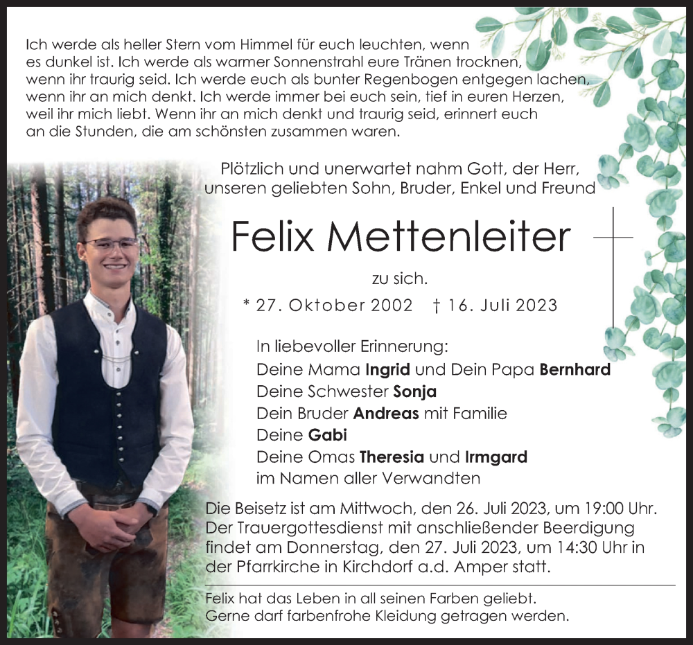  Traueranzeige für Felix Mettenleiter vom 22.07.2023 aus merkurtz