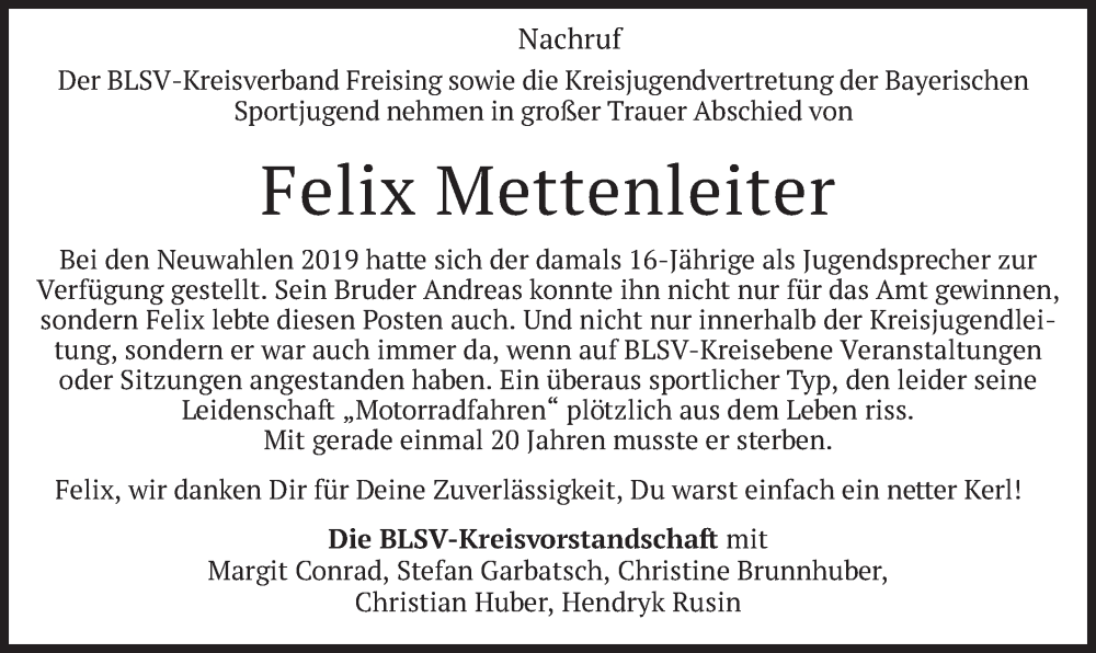  Traueranzeige für Felix Mettenleiter vom 22.07.2023 aus merkurtz