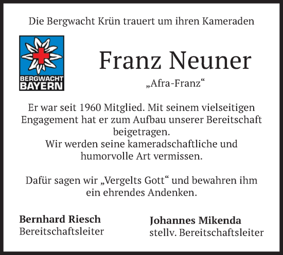 Traueranzeige von Franz Neuner von merkurtz