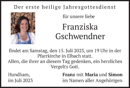 Traueranzeige von Franziska Gschwendner von merkurtz