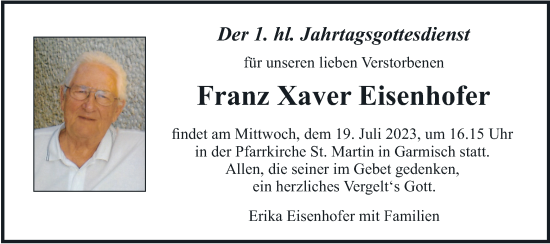 Traueranzeige von Franz Xaver Eisenhofer von merkurtz