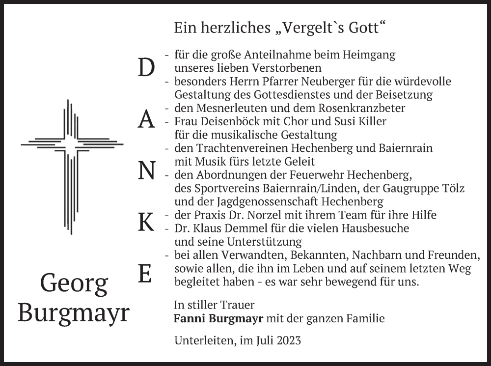  Traueranzeige für Georg Burgmayr vom 22.07.2023 aus merkurtz