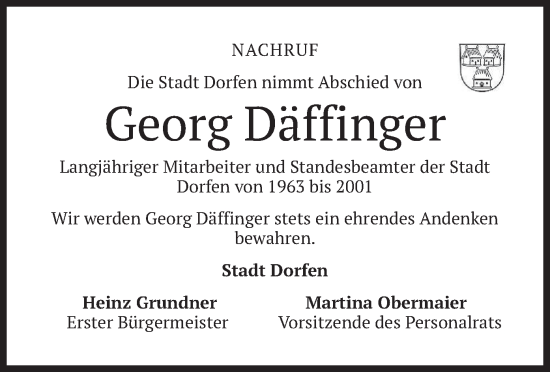Traueranzeige von Georg Däffinger von merkurtz