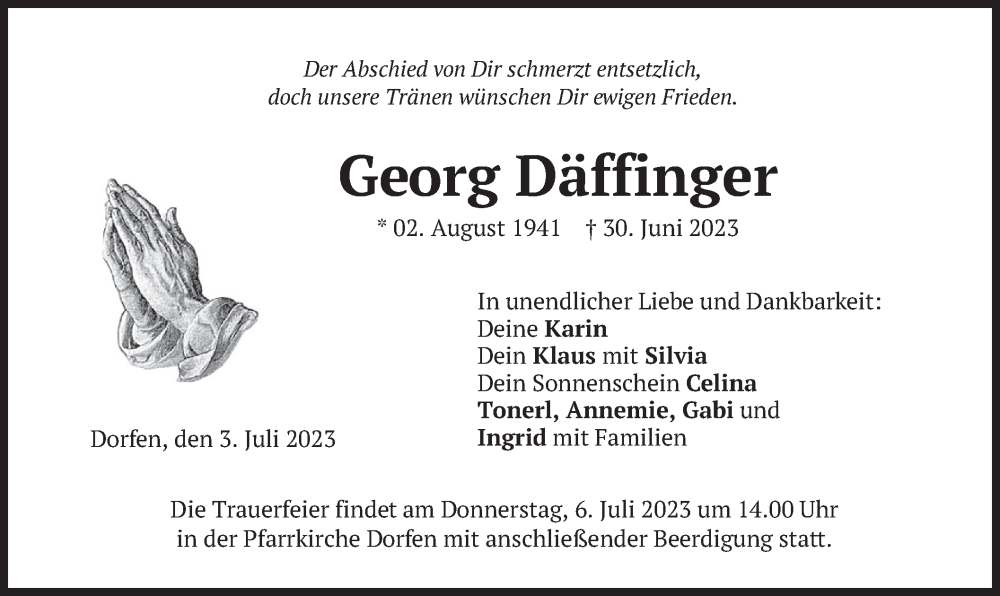  Traueranzeige für Georg Däffinger vom 03.07.2023 aus merkurtz