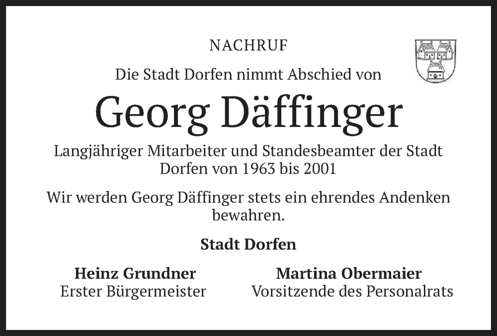  Traueranzeige für Georg Däffinger vom 04.07.2023 aus merkurtz