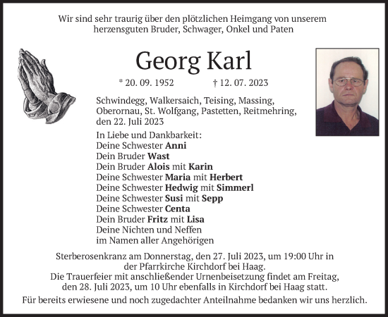 Traueranzeige von Georg Karl von merkurtz