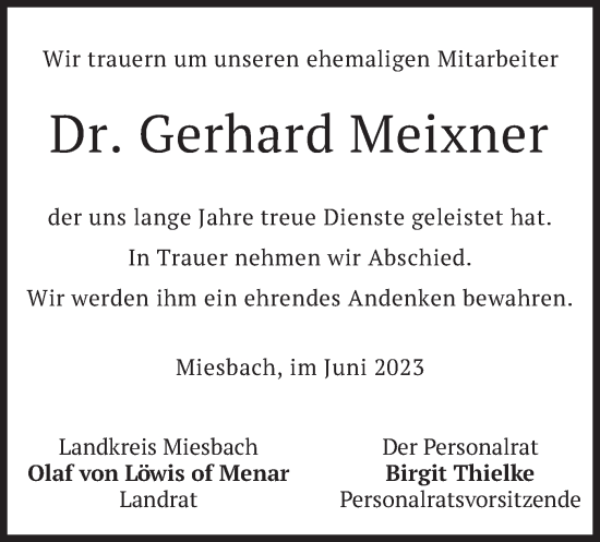 Traueranzeige von Gerhard Meixner von merkurtz