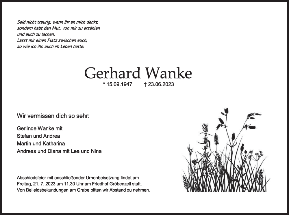  Traueranzeige für Gerhard Wanke vom 15.07.2023 aus merkurtz