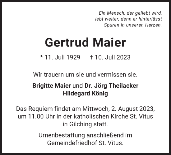 Traueranzeige von Gertrud Maier von merkurtz