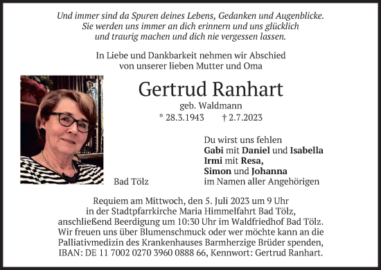 Traueranzeige von Gertrud Ranhart von merkurtz