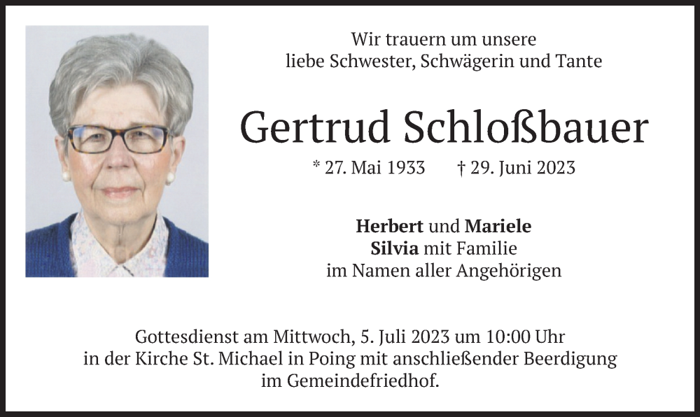  Traueranzeige für Gertrud Schloßbauer vom 03.07.2023 aus merkurtz