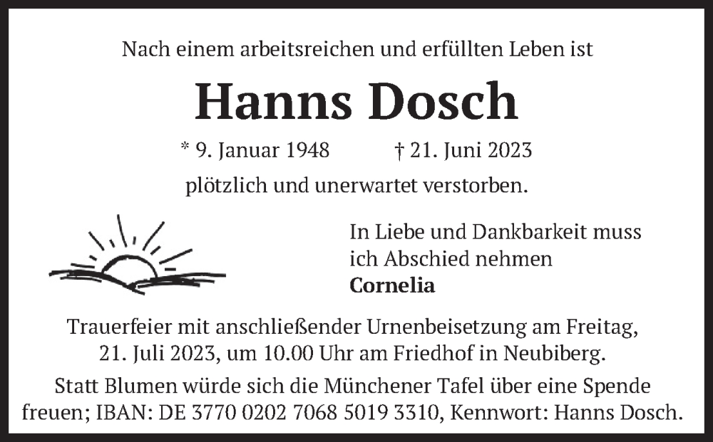  Traueranzeige für Hanns Dosch vom 08.07.2023 aus merkurtz