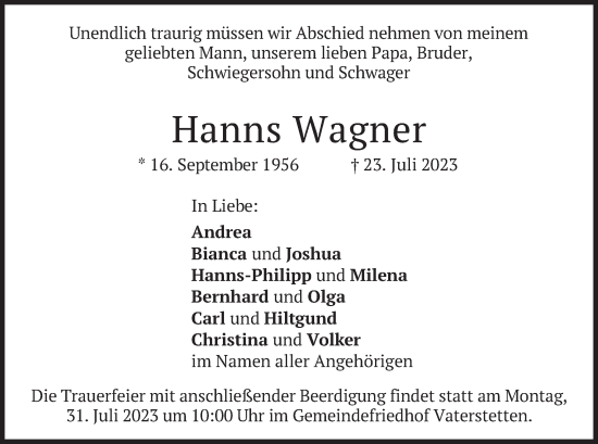 Traueranzeige von Hanns Wagner von merkurtz