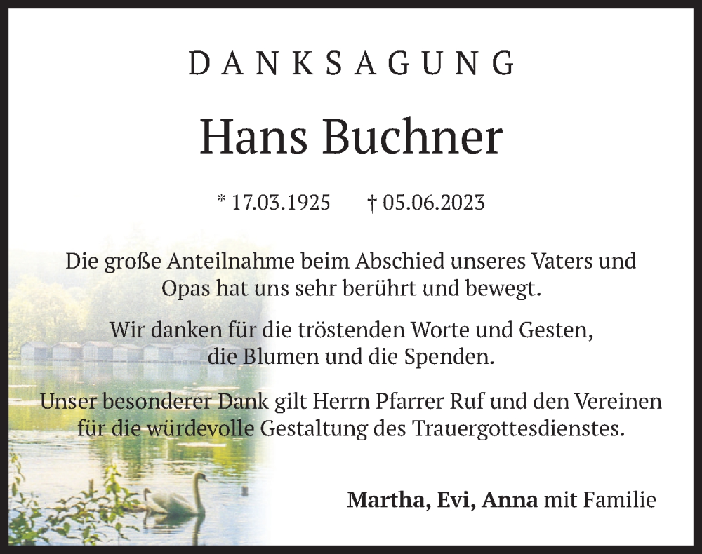  Traueranzeige für Hans Buchner vom 08.07.2023 aus merkurtz