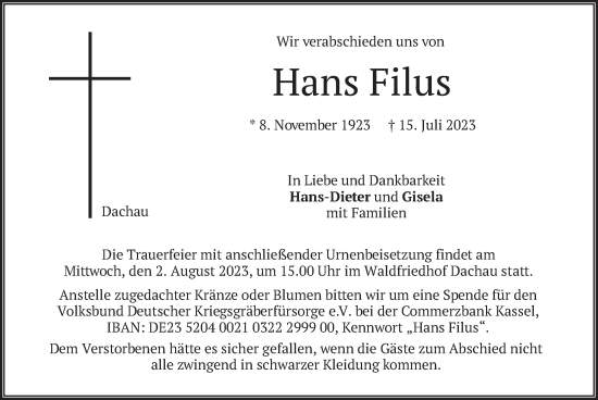Traueranzeige von Hans Filus von merkurtz