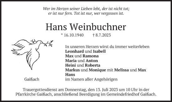 Traueranzeige von Hans Weinbuchner von merkurtz