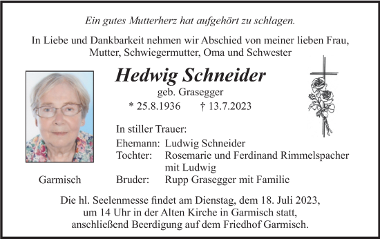 Traueranzeige von Hedwig Schneider von merkurtz