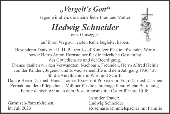 Traueranzeige von Hedwig Schneider von merkurtz