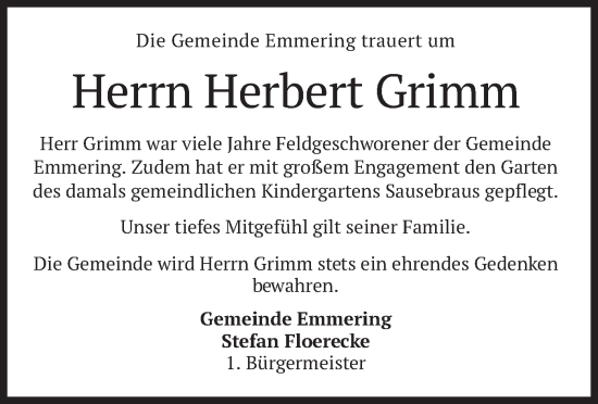 Traueranzeige von Herbert Grimm von merkurtz
