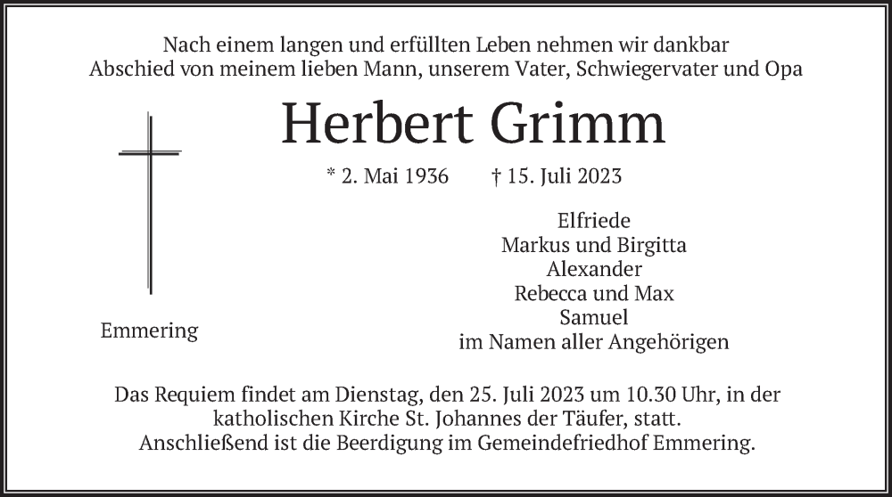  Traueranzeige für Herbert Grimm vom 22.07.2023 aus merkurtz