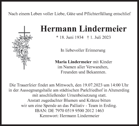 Traueranzeige von Hermann Lindermeier von merkurtz