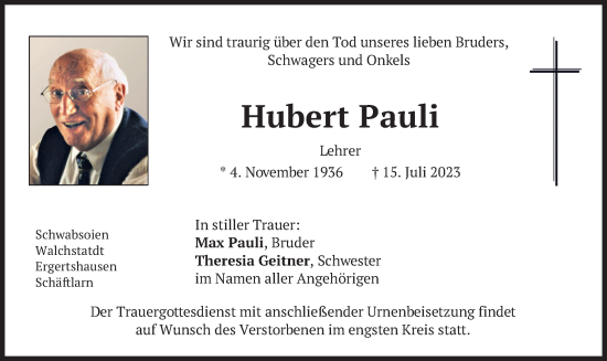 Traueranzeige von Hubert Pauli von merkurtz