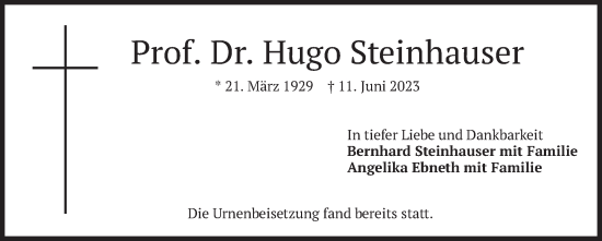 Traueranzeige von Hugo Steinhauser von merkurtz