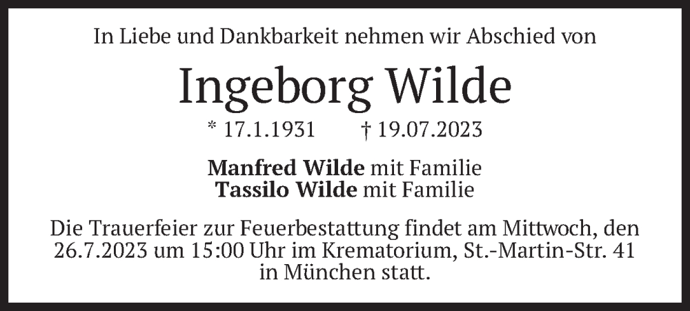  Traueranzeige für Ingeborg Wilde vom 22.07.2023 aus merkurtz