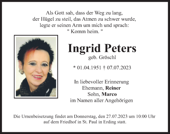 Traueranzeige von Ingrid Peters von merkurtz