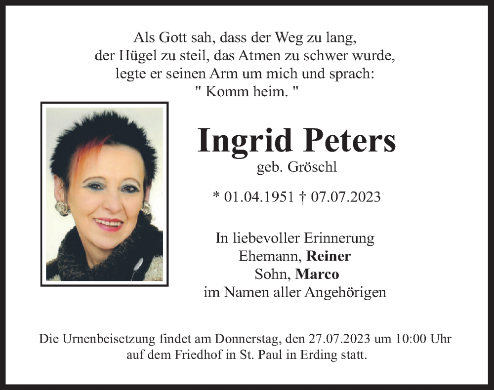  Traueranzeige für Ingrid Peters vom 22.07.2023 aus merkurtz