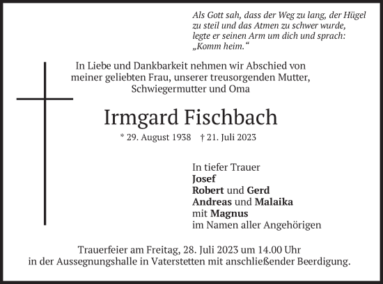 Traueranzeige von Irmgard Fischbach von merkurtz