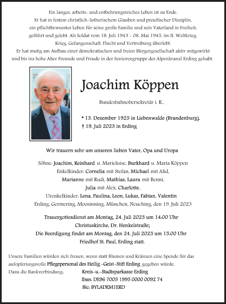  Traueranzeige für Joachim Köppen vom 22.07.2023 aus merkurtz