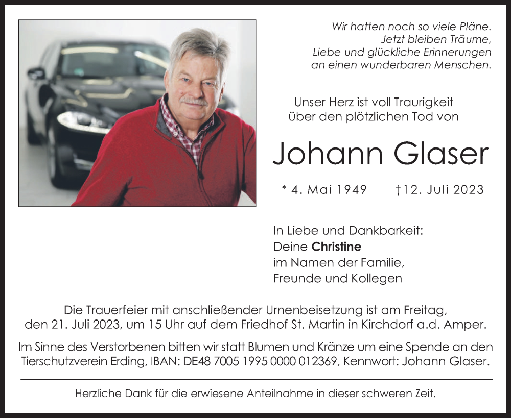  Traueranzeige für Johann Glaser vom 18.07.2023 aus merkurtz