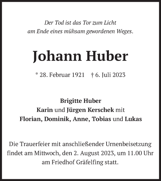 Traueranzeige von Johann Huber von merkurtz