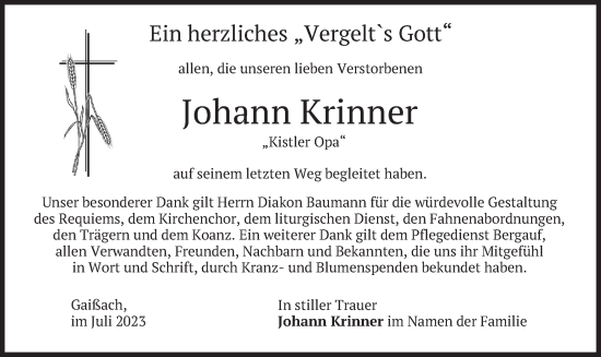 Traueranzeige von Johann Krinner von merkurtz