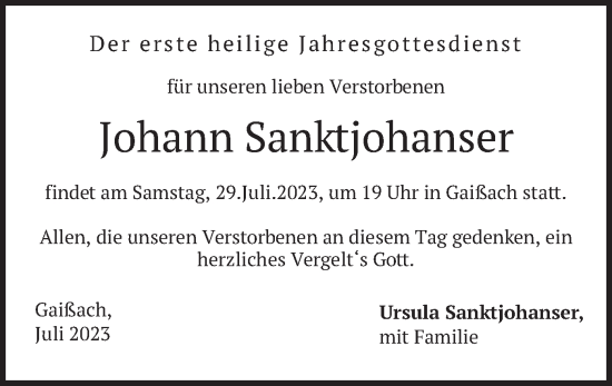 Traueranzeige von Johann Sanktjohanser von merkurtz