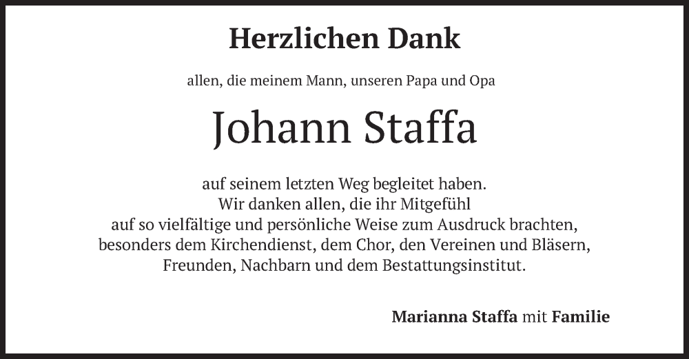  Traueranzeige für Johann Staffa vom 29.07.2023 aus merkurtz