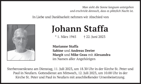 Traueranzeige von Johann Staffa von merkurtz