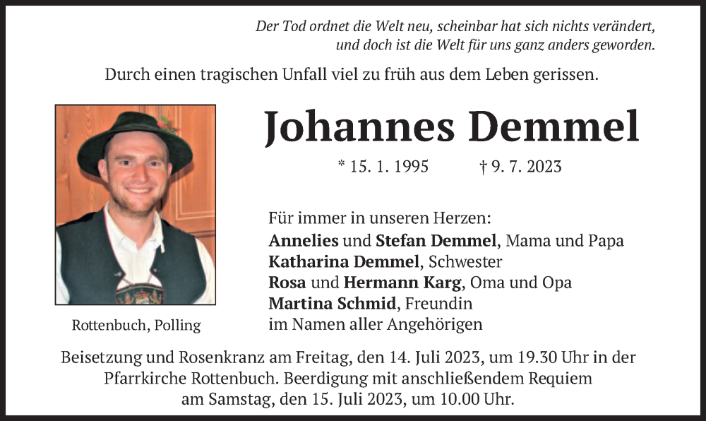  Traueranzeige für Johannes Demmel vom 13.07.2023 aus merkurtz