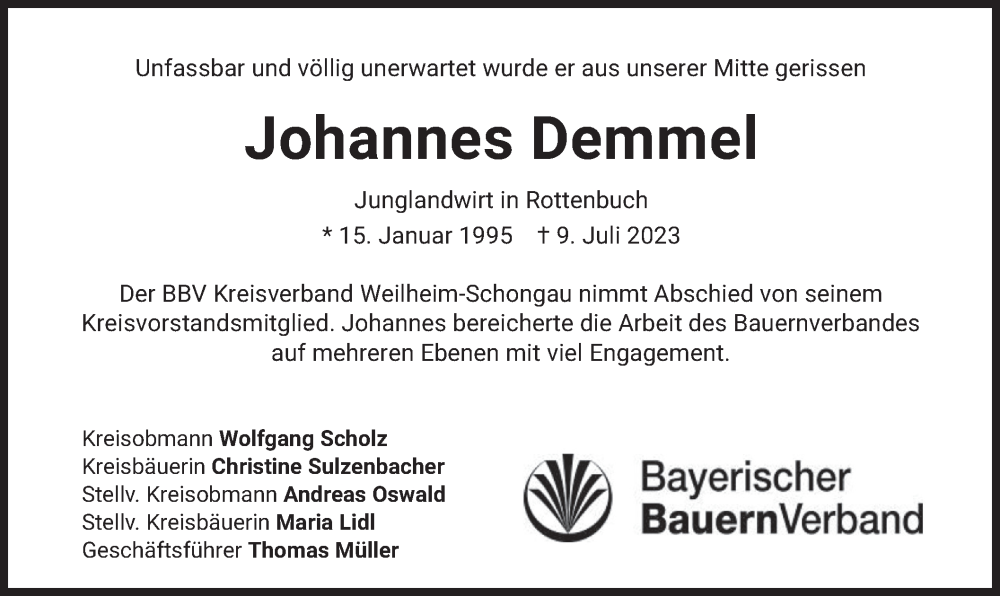  Traueranzeige für Johannes Demmel vom 12.07.2023 aus merkurtz