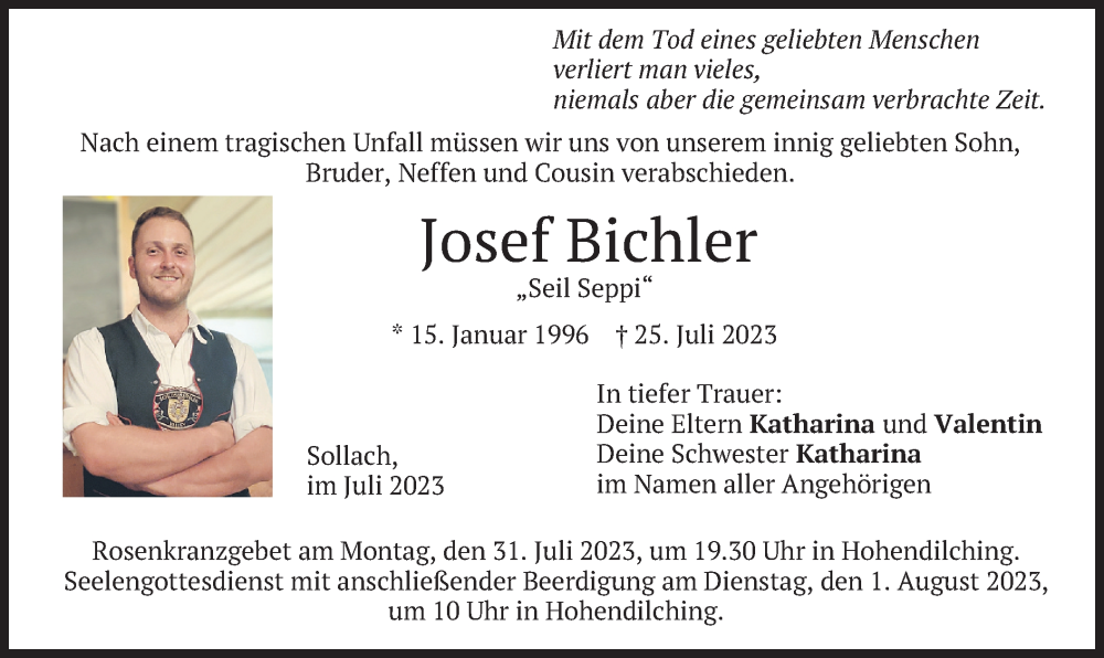  Traueranzeige für Josef Bichler vom 29.07.2023 aus merkurtz
