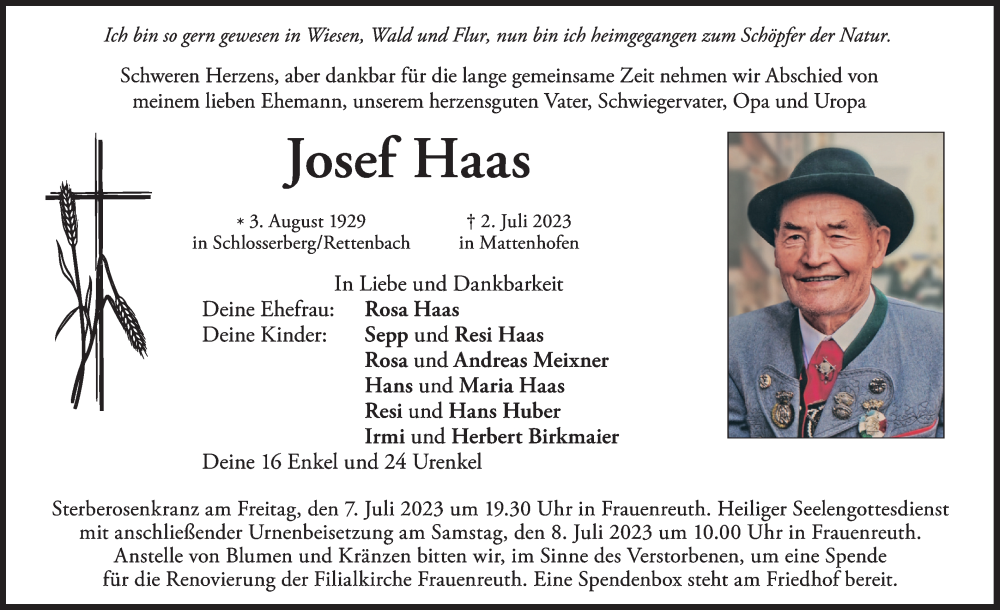  Traueranzeige für Josef Haas vom 05.07.2023 aus merkurtz