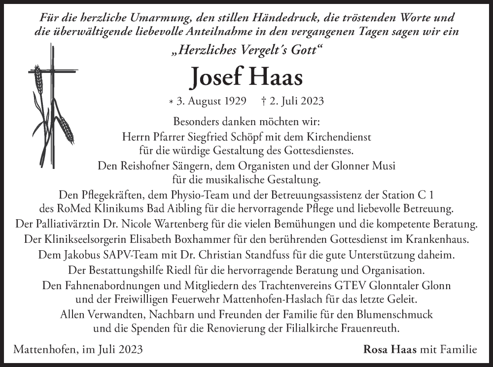  Traueranzeige für Josef Haas vom 15.07.2023 aus merkurtz